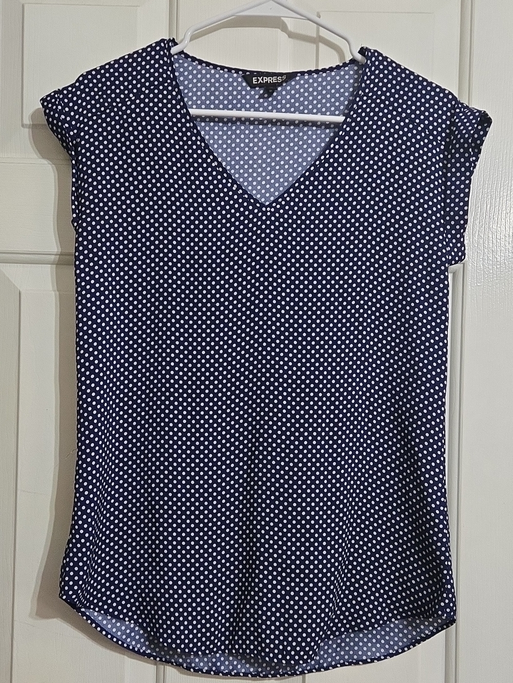 Express Navy and White Polka Dot V-Neck Top